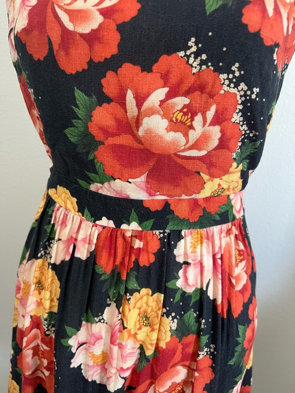 [FARM Rio] Floral Halter Fit & Flare Dress in Black with Red & Yellow Blooms - Picture 3 of 13